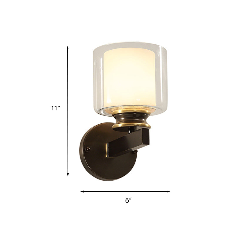 Black 1-Light Wall Sconce - Traditional Metal Cylinder With Double-Tier Glass Shade For Bedroom