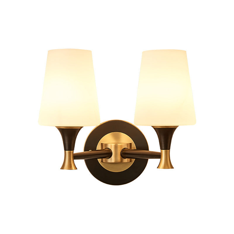 Retro Frosted Glass Bedroom Wall Sconce Light - Tapered Design With Sleek Metal Arm