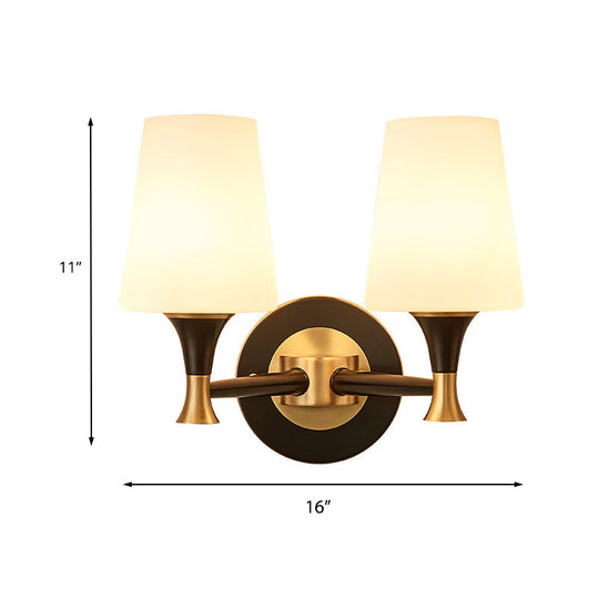 Retro Frosted Glass Bedroom Wall Sconce Light - Tapered Design With Sleek Metal Arm