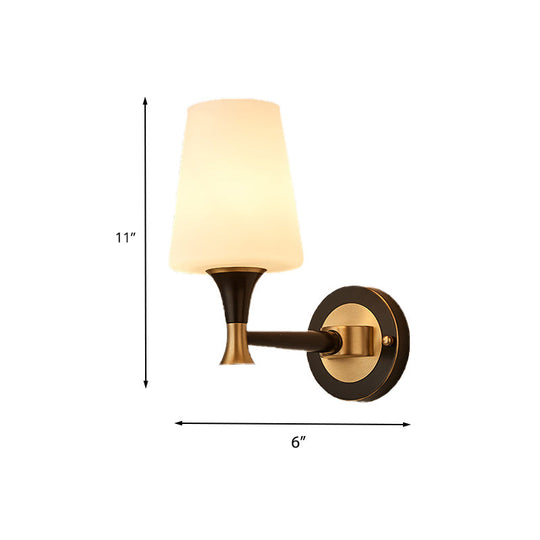 Retro Frosted Glass Bedroom Wall Sconce Light - Tapered Design With Sleek Metal Arm