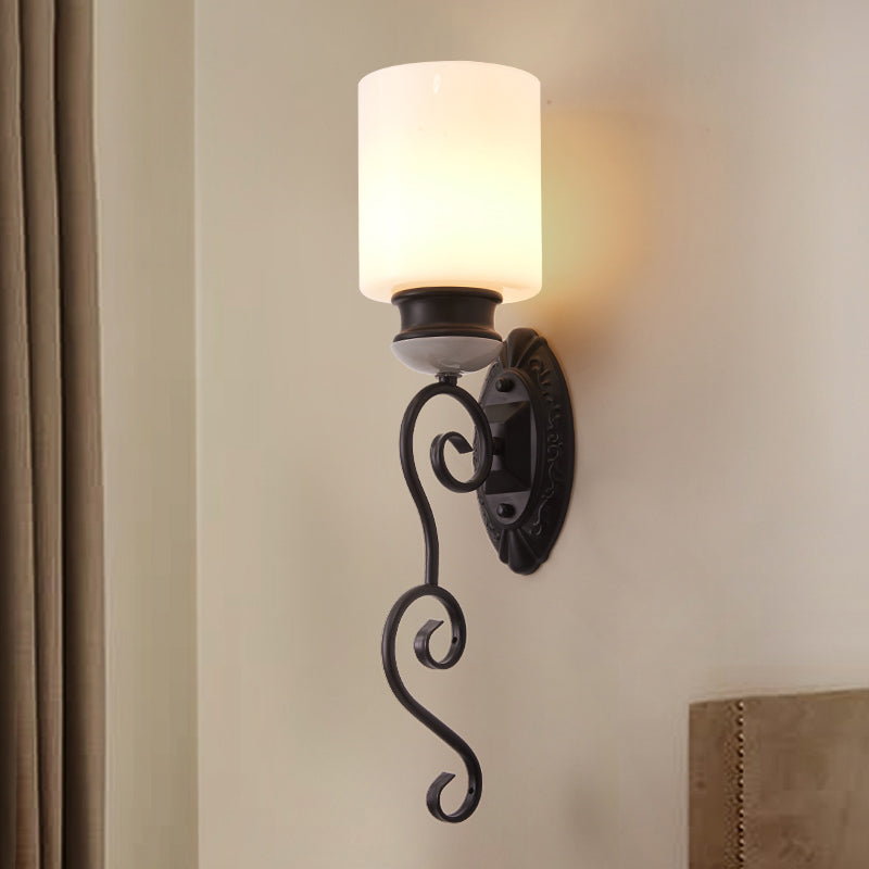 Retro Frosted Glass Wall Sconce Light In Black - Cylindrical Shade 1 Bulb Ideal For Bedroom