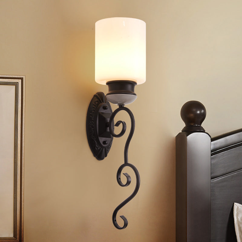 Retro Frosted Glass Wall Sconce Light In Black - Cylindrical Shade 1 Bulb Ideal For Bedroom