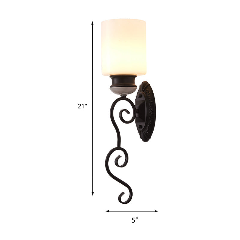 Retro Frosted Glass Wall Sconce Light In Black - Cylindrical Shade 1 Bulb Ideal For Bedroom