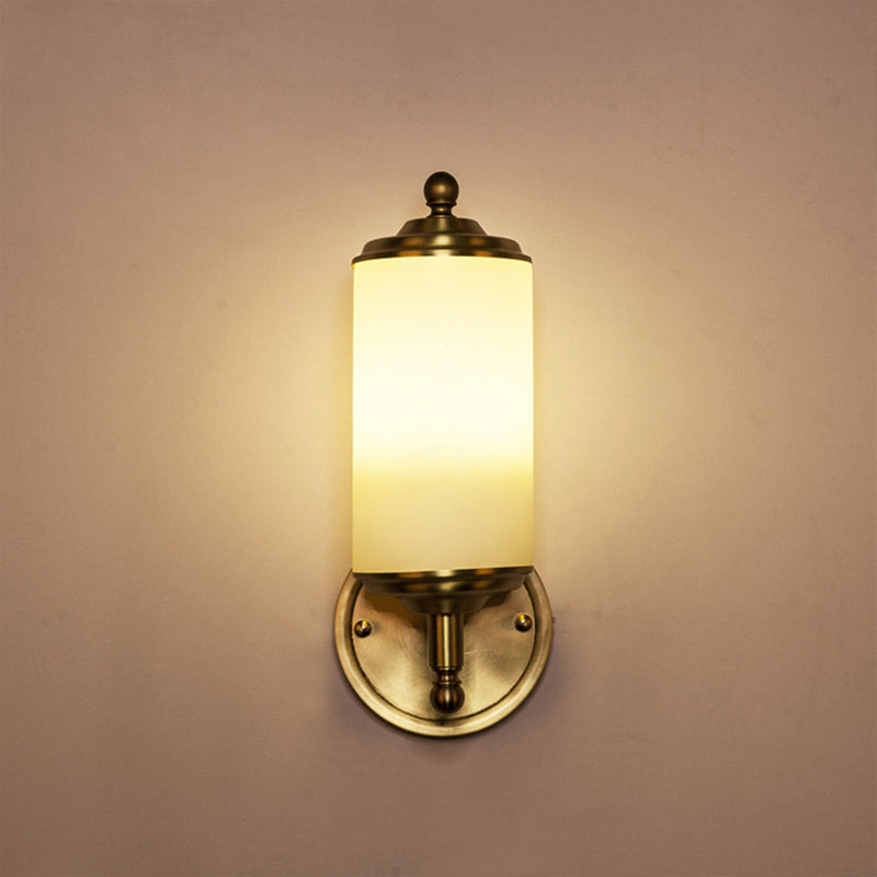 Retro Brass Sconce With Milky Glass Shade & Clean-Lined Arm - 1-Light Foyer Wall Lamp