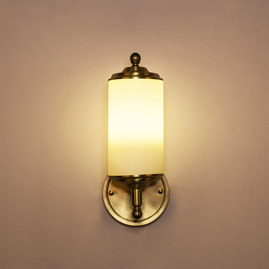 Retro Brass Sconce With Milky Glass Shade & Clean-Lined Arm - 1-Light Foyer Wall Lamp