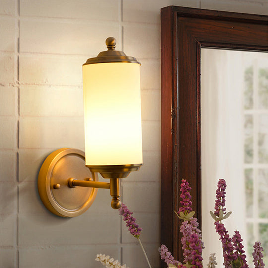 Retro Brass Sconce With Milky Glass Shade & Clean-Lined Arm - 1-Light Foyer Wall Lamp