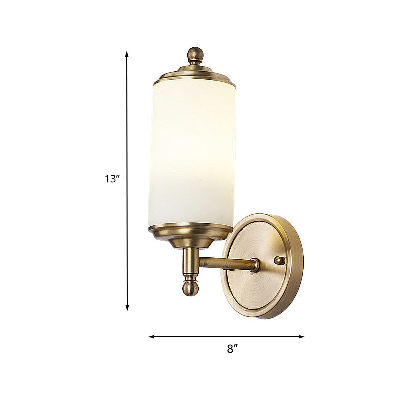 Retro Brass Sconce With Milky Glass Shade & Clean-Lined Arm - 1-Light Foyer Wall Lamp