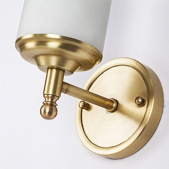 Retro Brass Sconce With Milky Glass Shade & Clean-Lined Arm - 1-Light Foyer Wall Lamp