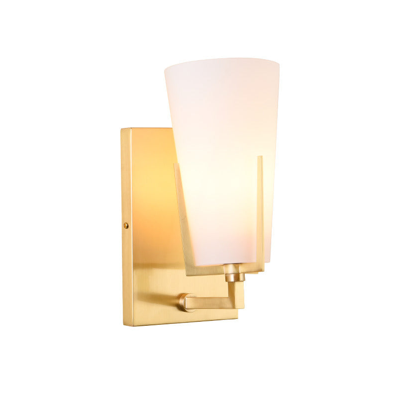 Retro Brass Wall Lamp With Frosted Glass Conical Sconce Light For Bedroom