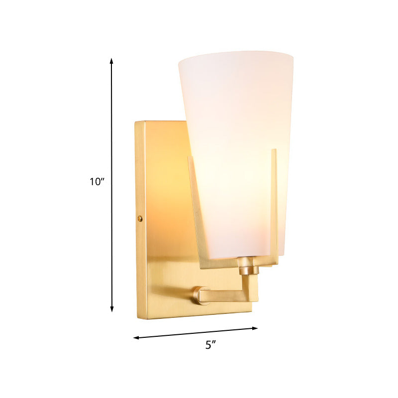 Retro Brass Wall Lamp With Frosted Glass Conical Sconce Light For Bedroom