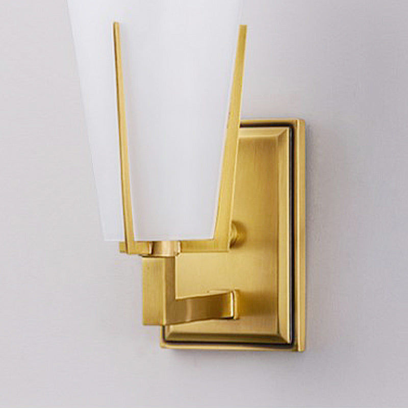 Retro Brass Wall Lamp With Frosted Glass Conical Sconce Light For Bedroom