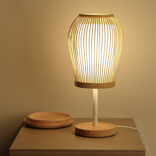 Nordic Bamboo Table Light With Fabric Inner Shade - Wood Cage Night Lamp Single-Bulb