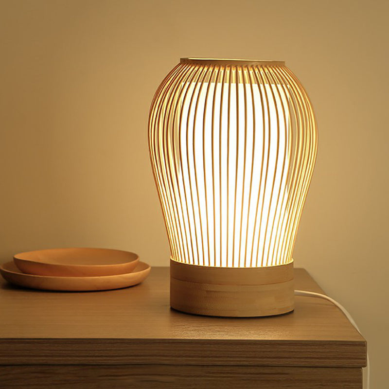 Nordic Bamboo Table Light With Fabric Inner Shade - Wood Cage Night Lamp Single-Bulb