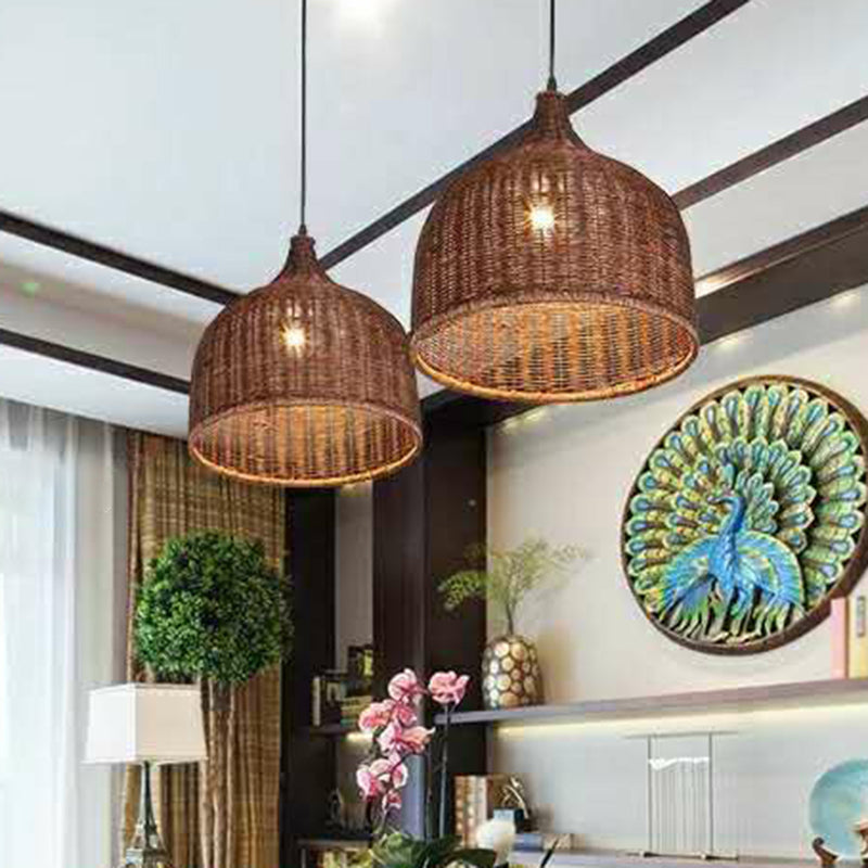 Asia Bamboo Hand-Braided Pendant Light Fixture - Exquisite 1 Bulb Restaurant Ceiling Lamp