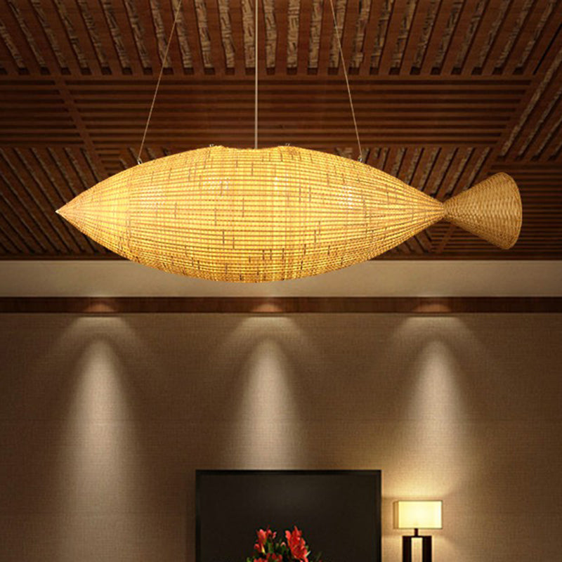 Fish-Shaped Bamboo Pendant Light For Asian-Inspired Dining Rooms In Beige