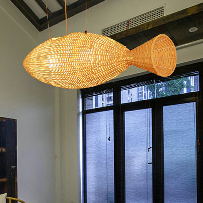 Fish-Shaped Bamboo Pendant Light For Asian-Inspired Dining Rooms In Beige