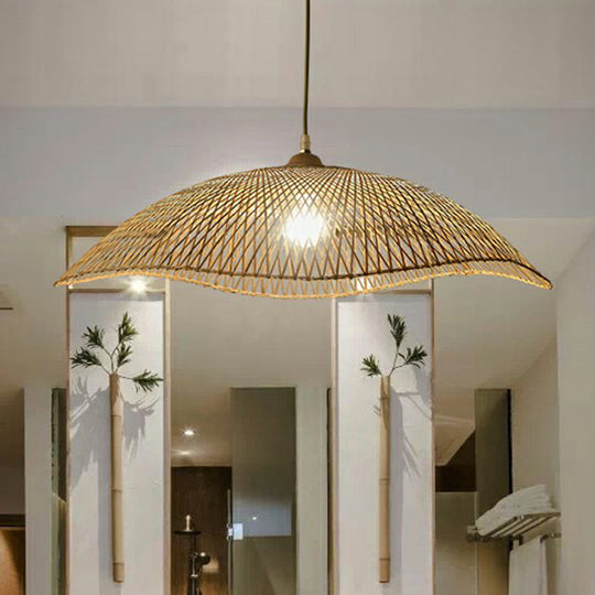 Asian Bamboo Wave-Edge Suspension Pendant Light With 1-Bulb In Beige Ideal For Bedroom Lighting