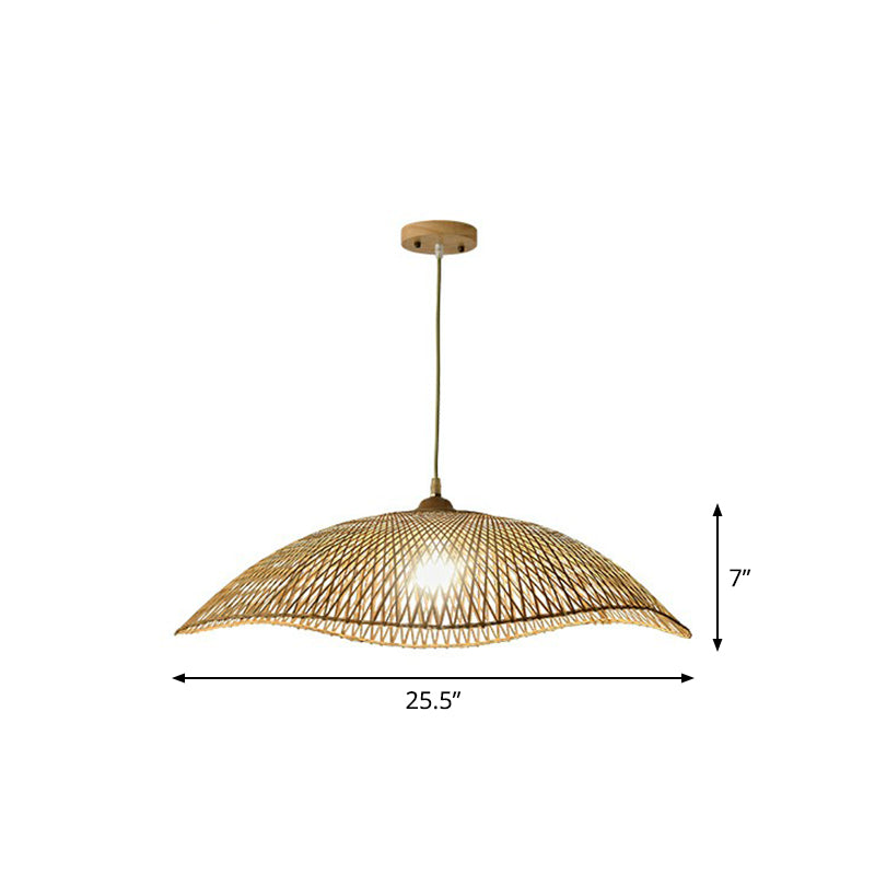 Asian Bamboo Wave-Edge Suspension Pendant Light With 1-Bulb In Beige Ideal For Bedroom Lighting /