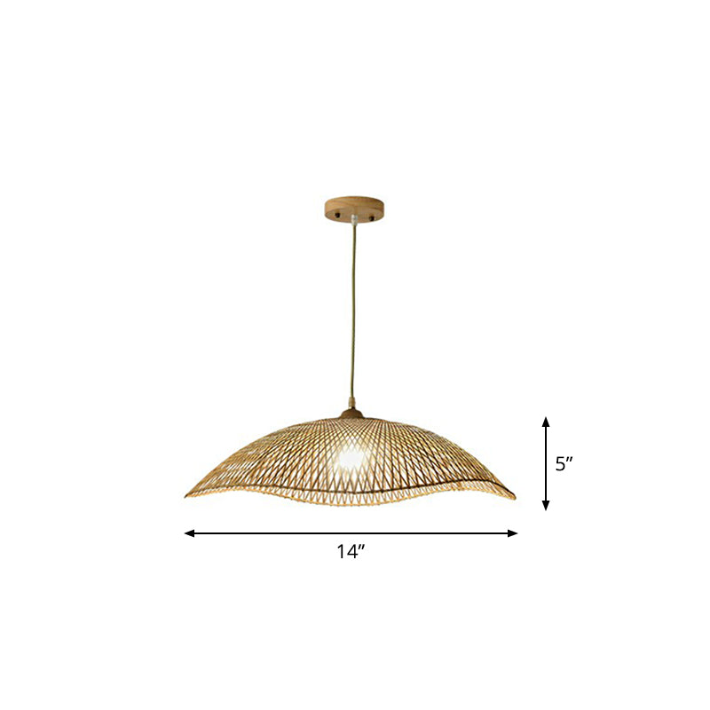 Asian Bamboo Wave-Edge Suspension Pendant Light With 1-Bulb In Beige Ideal For Bedroom Lighting