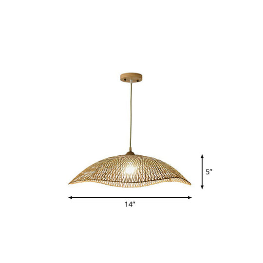 Asian Bamboo Wave-Edge Suspension Pendant Light With 1-Bulb In Beige Ideal For Bedroom Lighting