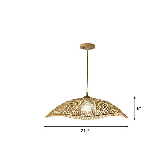 Asian Bamboo Wave-Edge Suspension Pendant Light With 1-Bulb In Beige Ideal For Bedroom Lighting