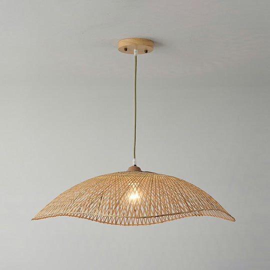 Asian Bamboo Wave-Edge Suspension Pendant Light With 1-Bulb In Beige Ideal For Bedroom Lighting