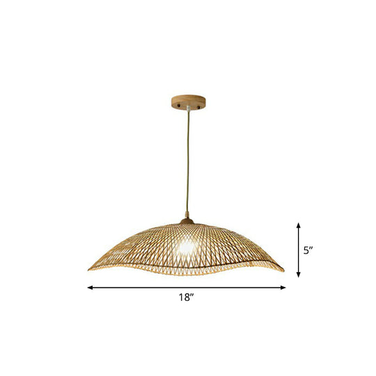 Asian Bamboo Wave-Edge Suspension Pendant Light With 1-Bulb In Beige Ideal For Bedroom Lighting