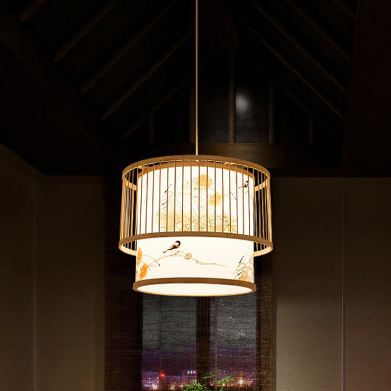 Bamboo Cage Pendant Light For Tearoom - Chinese Style 1 Bulb Beige