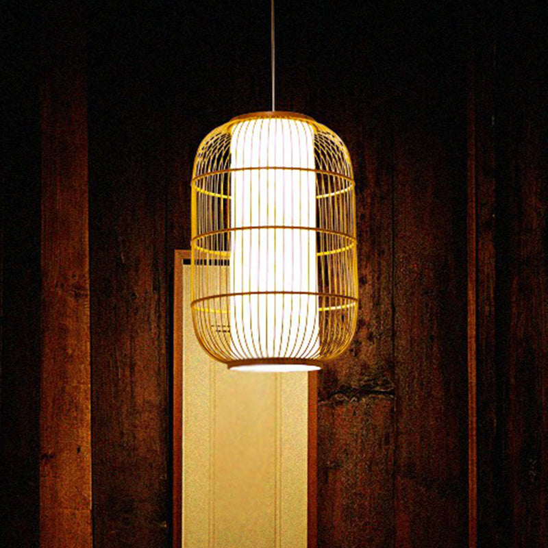 Bamboo Cage Pendant Light For Tearoom - Chinese Style 1 Bulb Beige