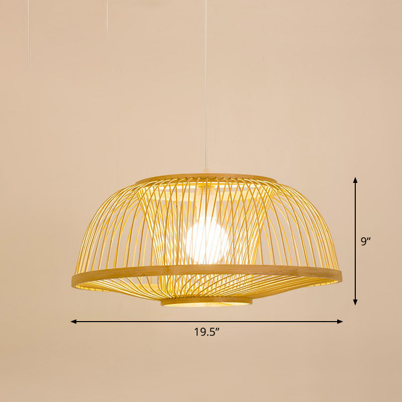 Bamboo Cage Pendant Light For Tearoom - Chinese Style 1 Bulb Beige