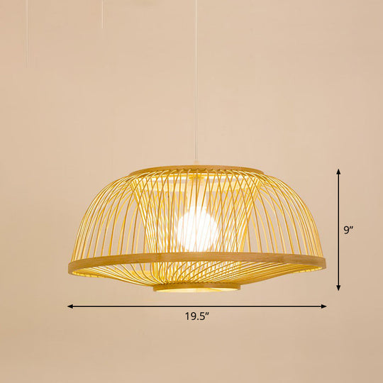 Bamboo Cage Pendant Light For Tearoom - Chinese Style 1 Bulb Beige / Q