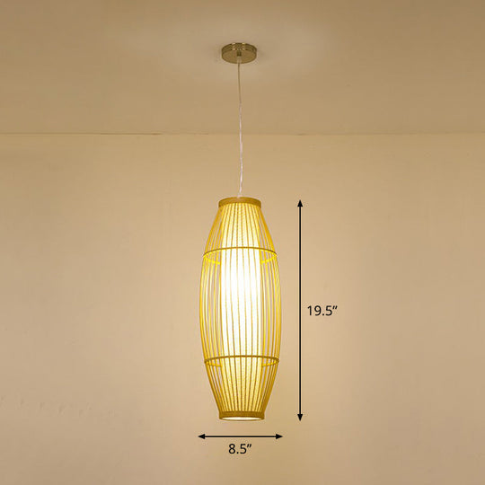 Bamboo Cage Pendant Light For Tearoom - Chinese Style 1 Bulb Beige