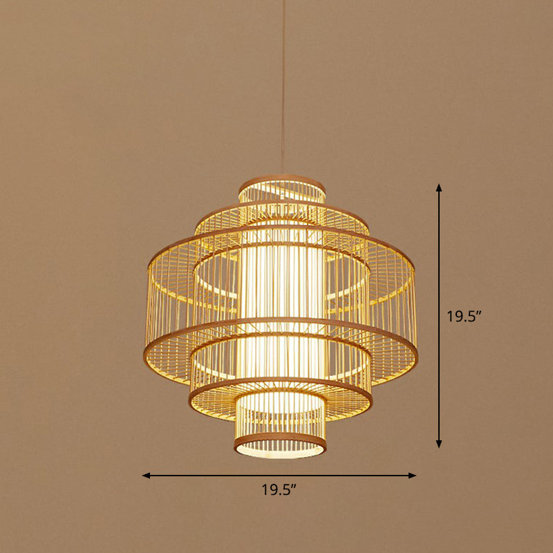 Bamboo Cage Pendant Light For Tearoom - Chinese Style 1 Bulb Beige