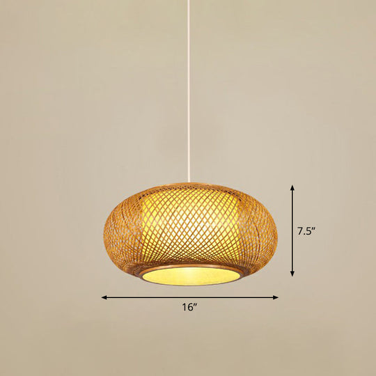 Bamboo Cage Pendant Light For Tearoom - Chinese Style 1 Bulb Beige