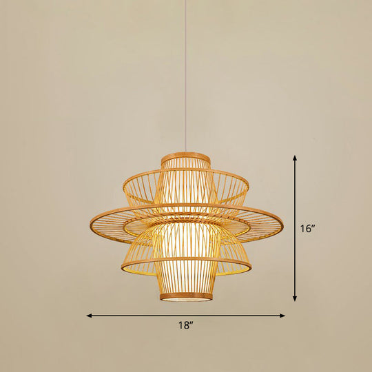 Bamboo Cage Pendant Light For Tearoom - Chinese Style 1 Bulb Beige / C