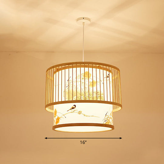 Bamboo Cage Pendant Light For Tearoom - Chinese Style 1 Bulb Beige