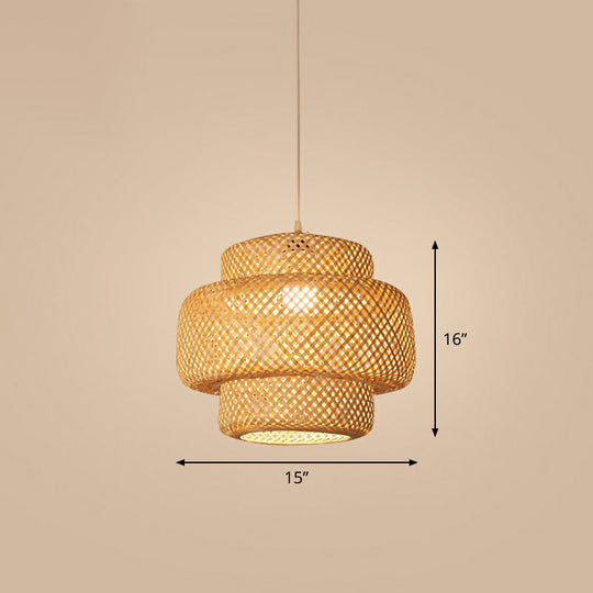 Bamboo Cage Pendant Light For Tearoom - Chinese Style 1 Bulb Beige / G