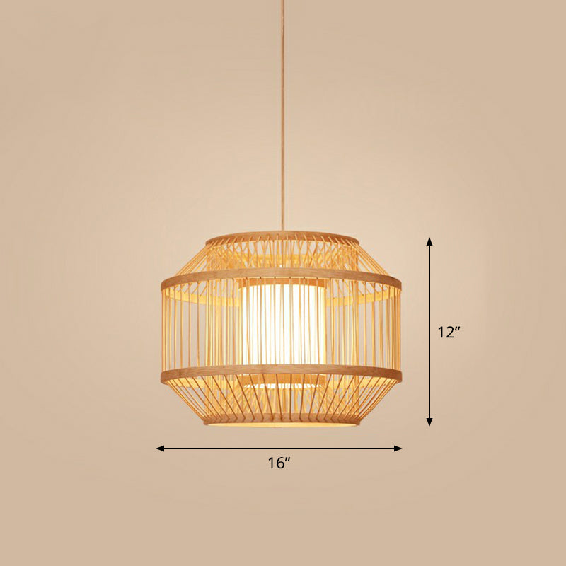 Bamboo Cage Pendant Light For Tearoom - Chinese Style 1 Bulb Beige