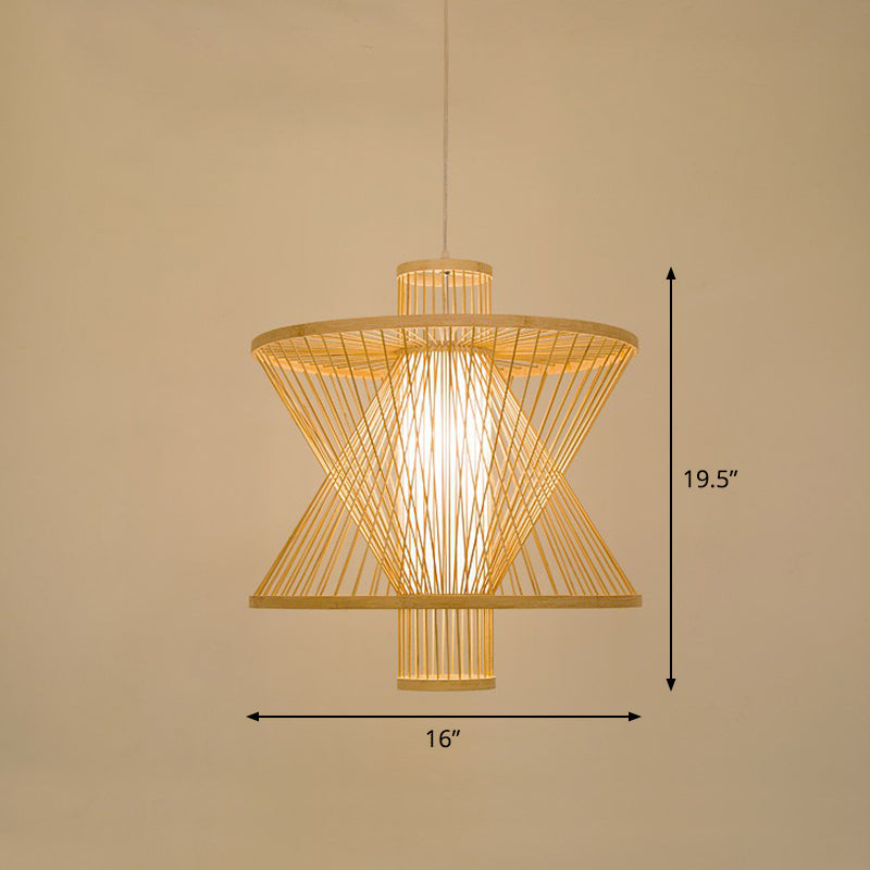 Bamboo Cage Pendant Light For Tearoom - Chinese Style 1 Bulb Beige