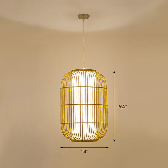 Bamboo Cage Pendant Light For Tearoom - Chinese Style 1 Bulb Beige