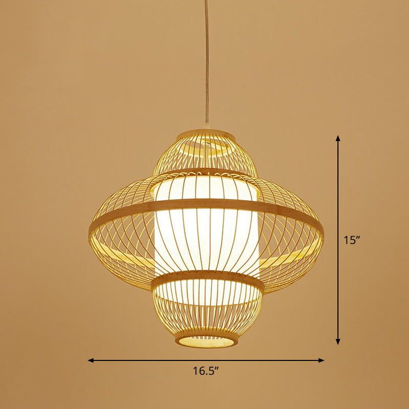 Bamboo Cage Pendant Light For Tearoom - Chinese Style 1 Bulb Beige