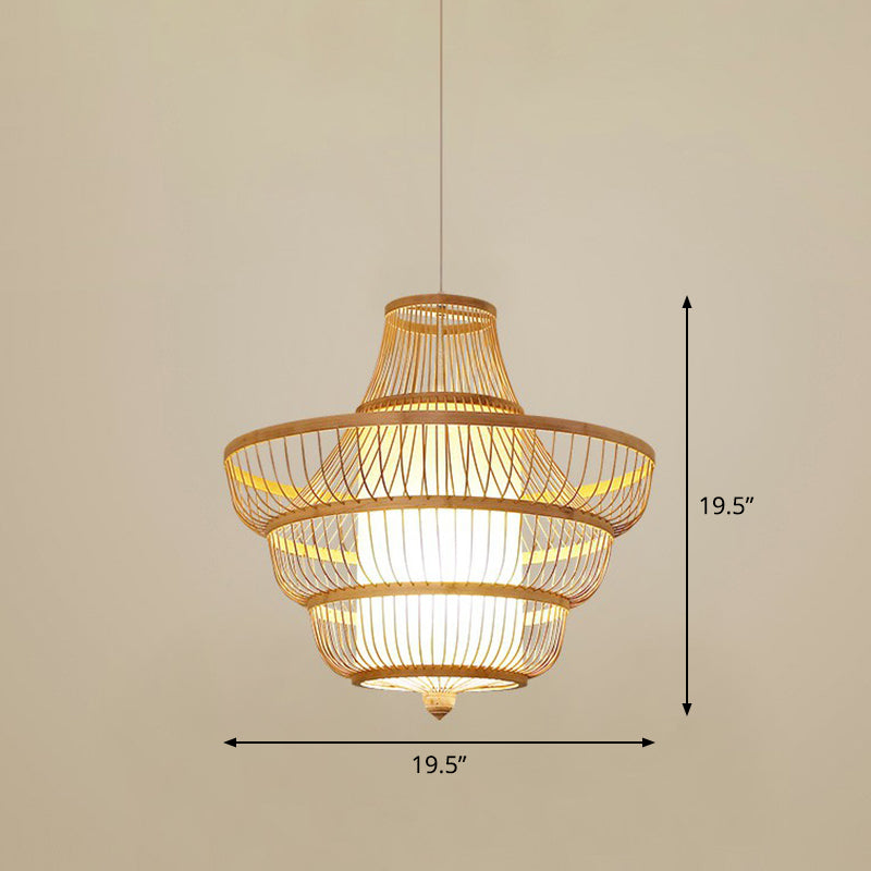 Bamboo Cage Pendant Light For Tearoom - Chinese Style 1 Bulb Beige