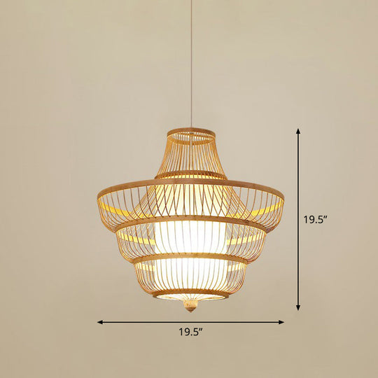 Bamboo Cage Pendant Light For Tearoom - Chinese Style 1 Bulb Beige