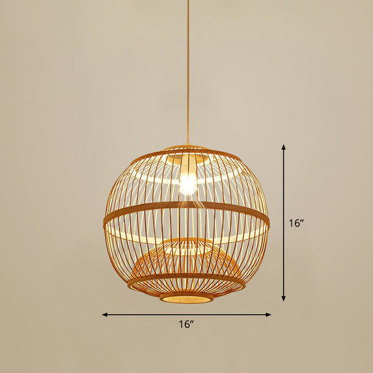 Bamboo Cage Pendant Light For Tearoom - Chinese Style 1 Bulb Beige