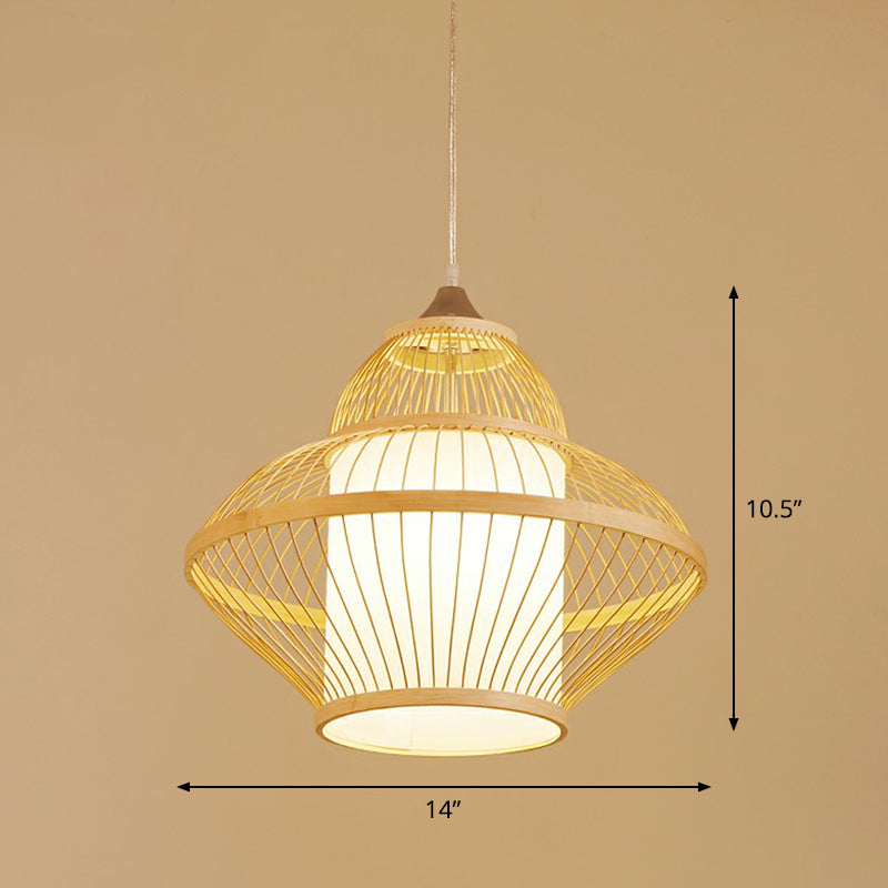 Bamboo Cage Pendant Light For Tearoom - Chinese Style 1 Bulb Beige