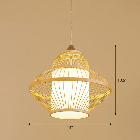 Bamboo Cage Pendant Light For Tearoom - Chinese Style 1 Bulb Beige