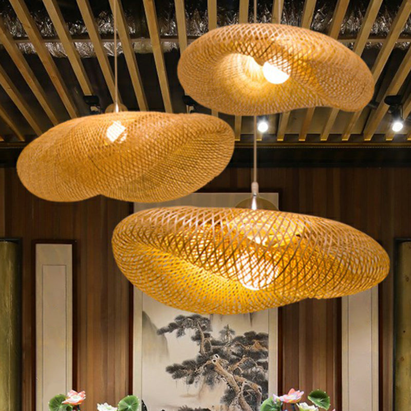 Geometric Beige Pendant Light With Asian Design - Bamboo Suspension Fixture