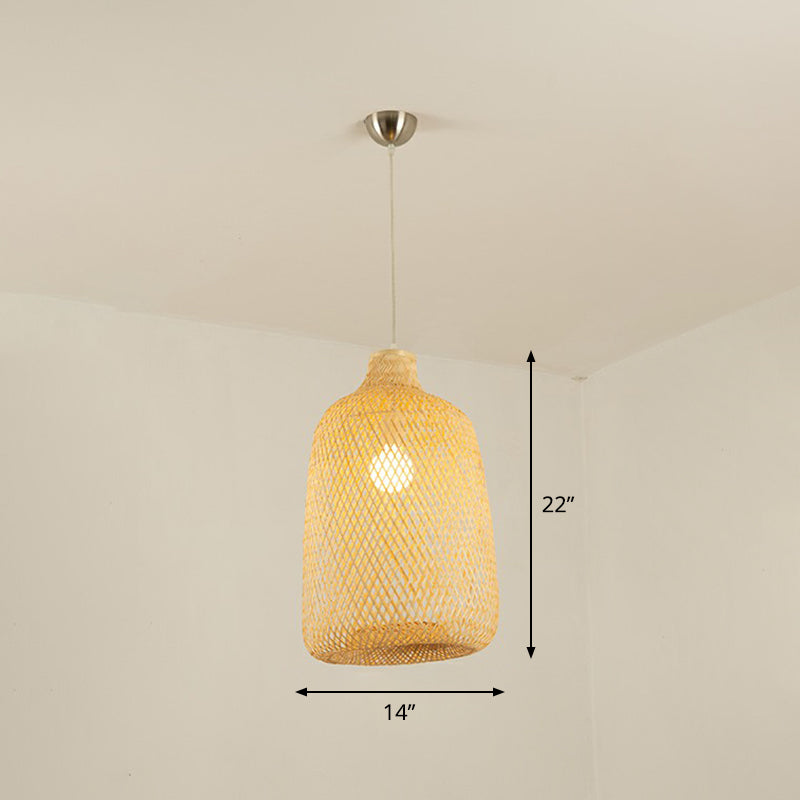 Geometric Beige Pendant Light With Asian Design - Bamboo Suspension Fixture