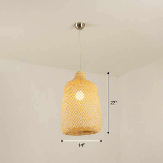 Geometric Beige Pendant Light With Asian Design - Bamboo Suspension Fixture