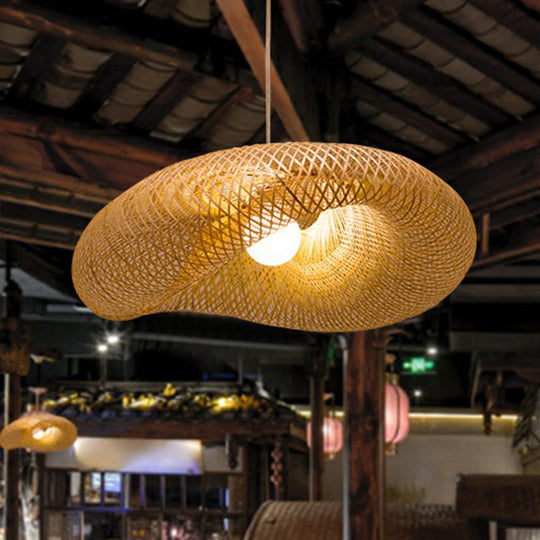 Geometric Beige Pendant Light With Asian Design - Bamboo Suspension Fixture